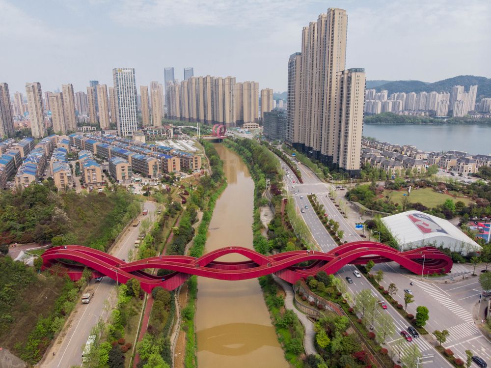 Aerial view of Lucky Knot Bridge, China