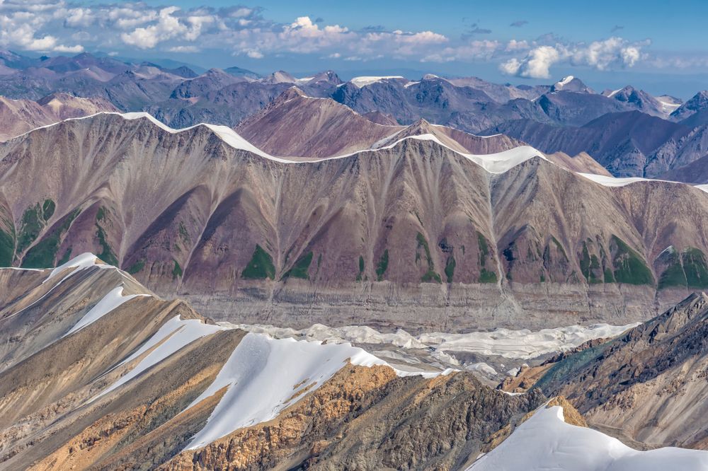Aerial view of the Central Tian Shan Mountain Range, Border of Kyrgyzstan and China