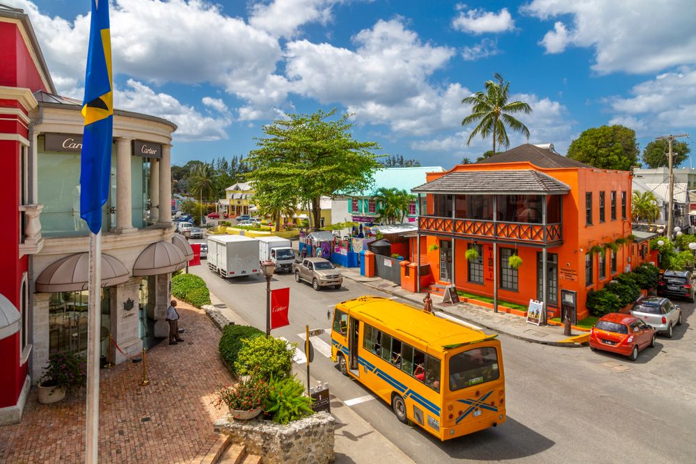 A view of a traditional 'Reggae Reggae' bus in Holetown, Barbados, West Indies, Caribbean