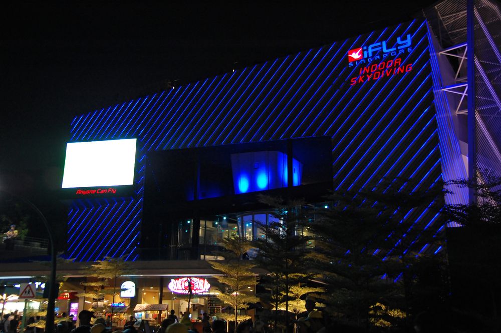 iFly Singapore indoor skydiving facade at night