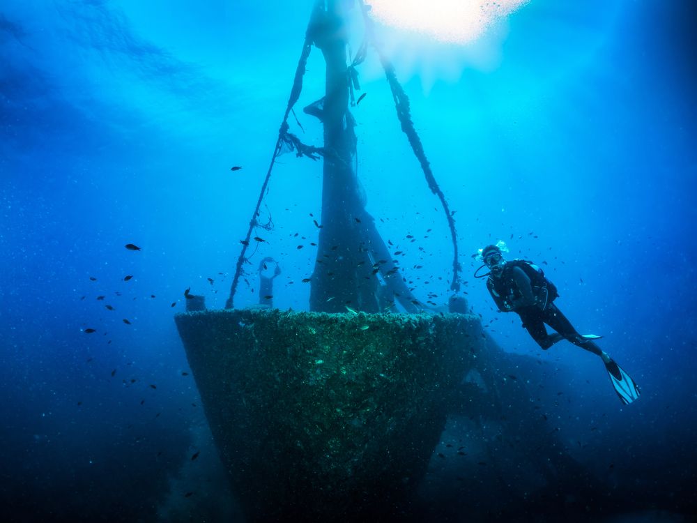 A sunken shipwreck on the Aegean seabed in Skiathos, Greece