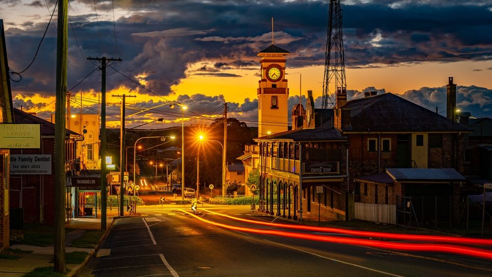 Stanthorpe Town in Queensland, Australia, at sunset with tan Australia Post Office building in the background