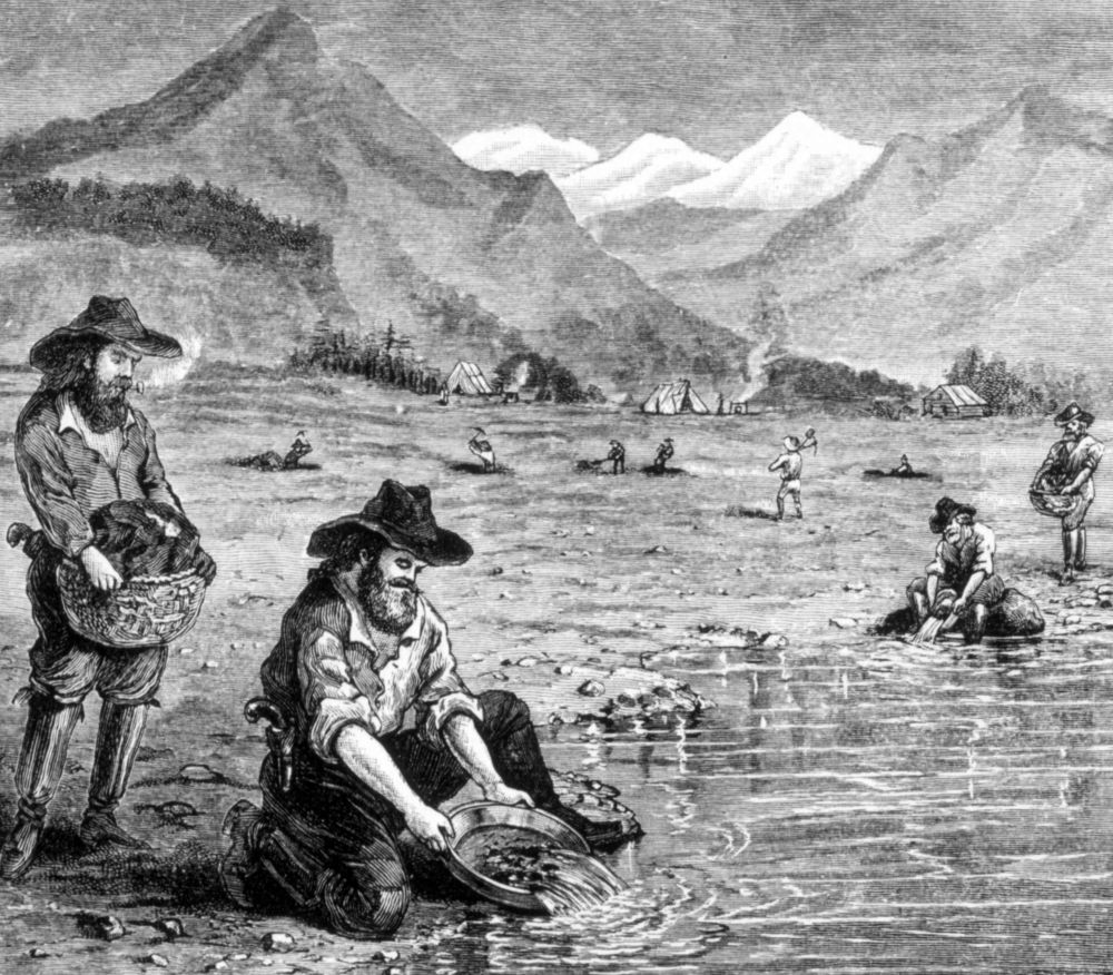 The Gold Rush, panning for gold in California, 1849, engraving 1891.