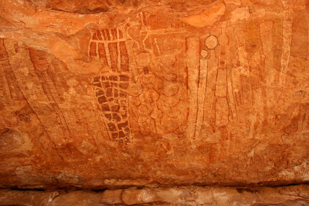 Pictographs painted on cave wall by prehistoric Native American people in a remote part of Grand Canyon National Park, Arizona, USA