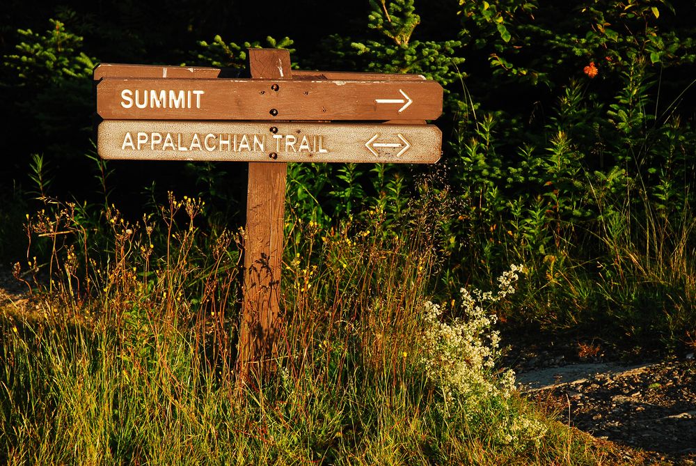 A sign points the way to the summit of Mt Greylock, the tallest point in Massachusetts