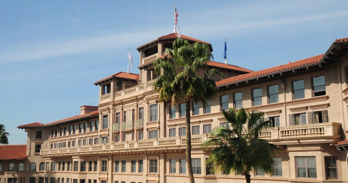 The eastern facade of the historic Langham Huntington Hotel in Pasadena, Los Angeles
