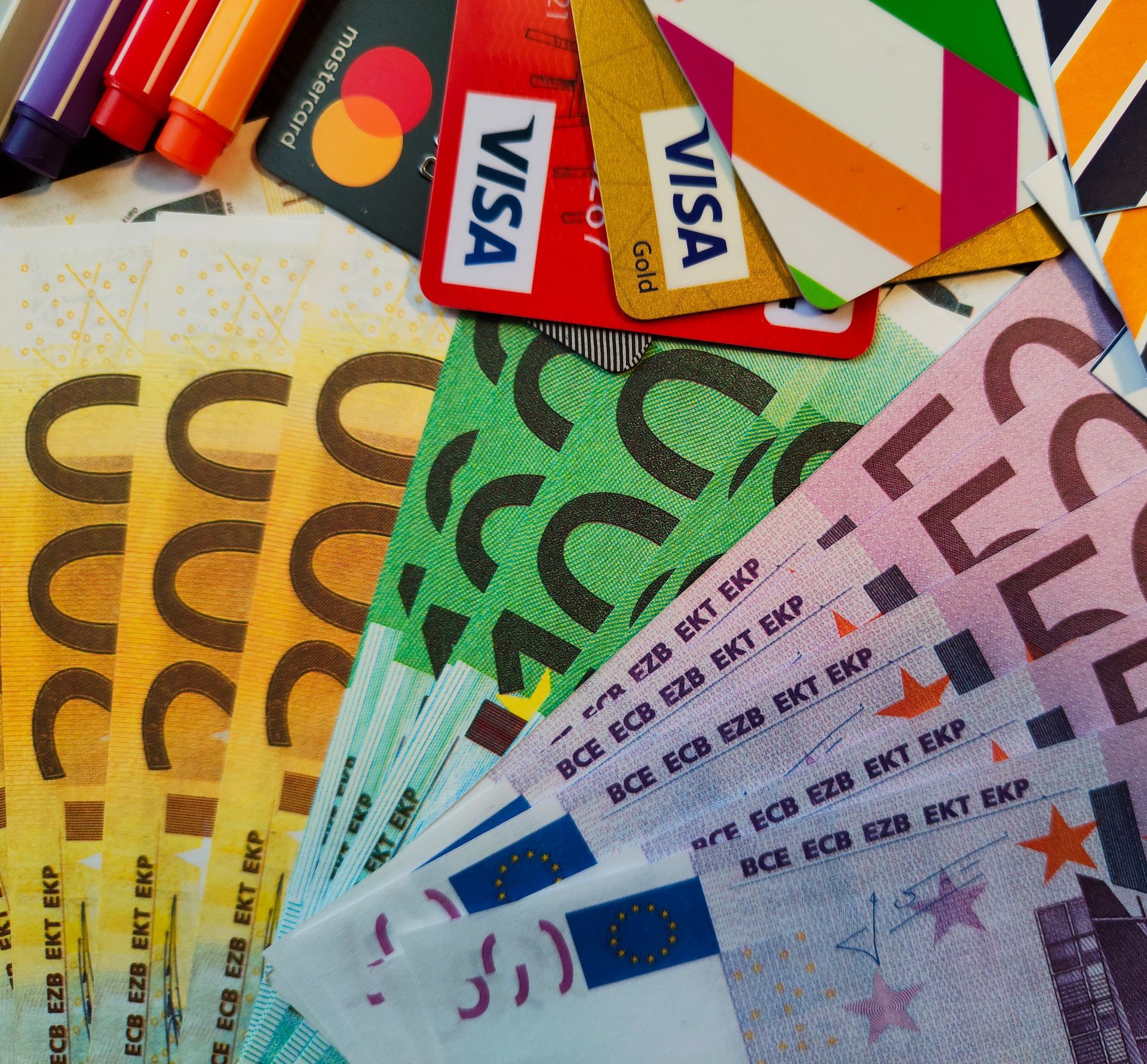 Closeup of Euro paper bills and credit cards