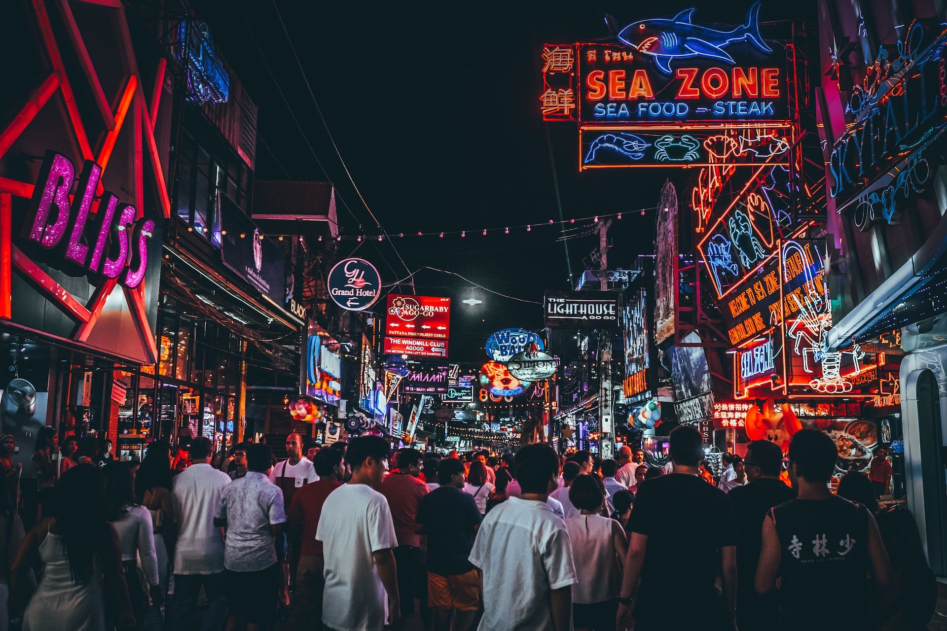 The bustling nightlife scene of Pattaya's Walking Street area.