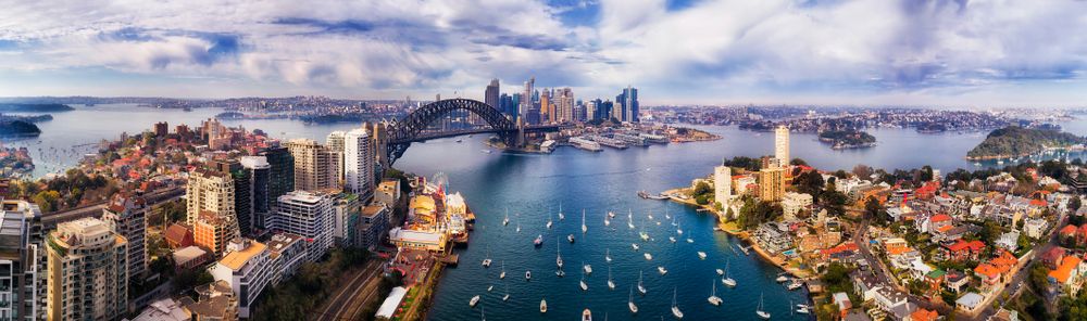 Wide aerial view of the Sydney Harbour Bridge