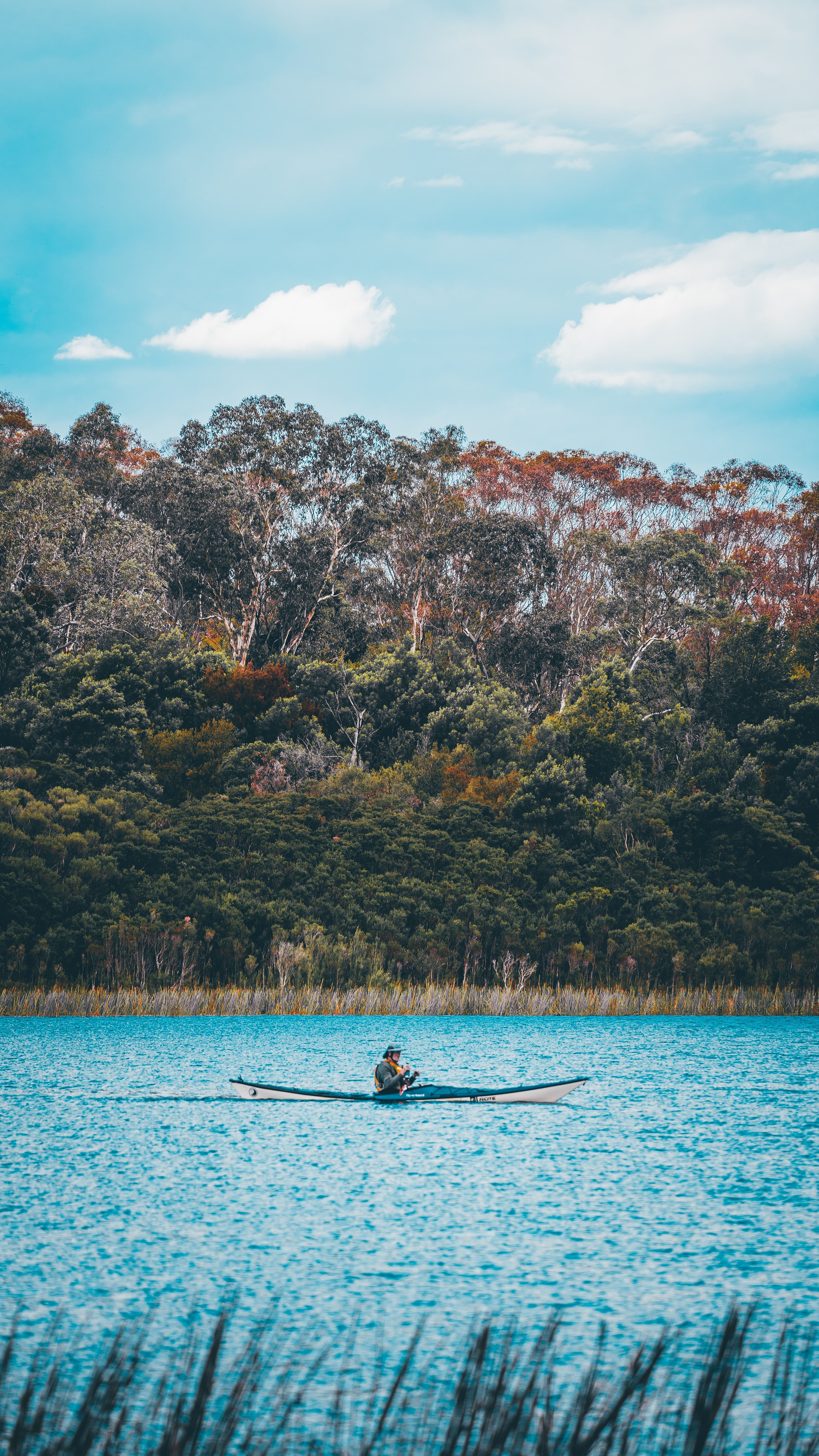 A person rowing a boat on a lake in Daylesford, Victoria, Australia