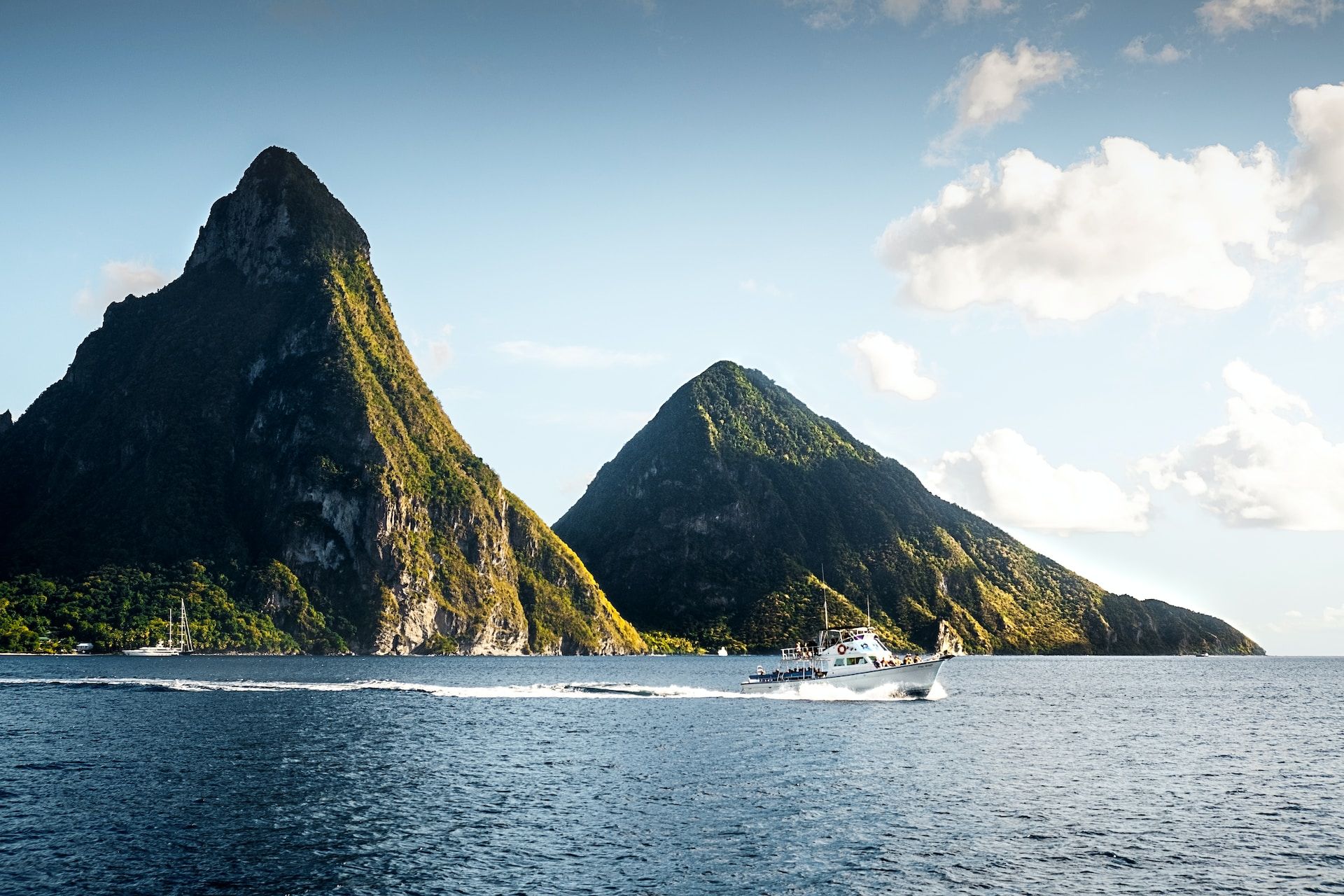 The Pitons in the background of Pitons Bay in St. Lucia 