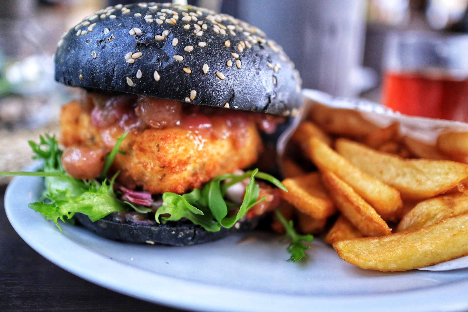 A burger with black buns