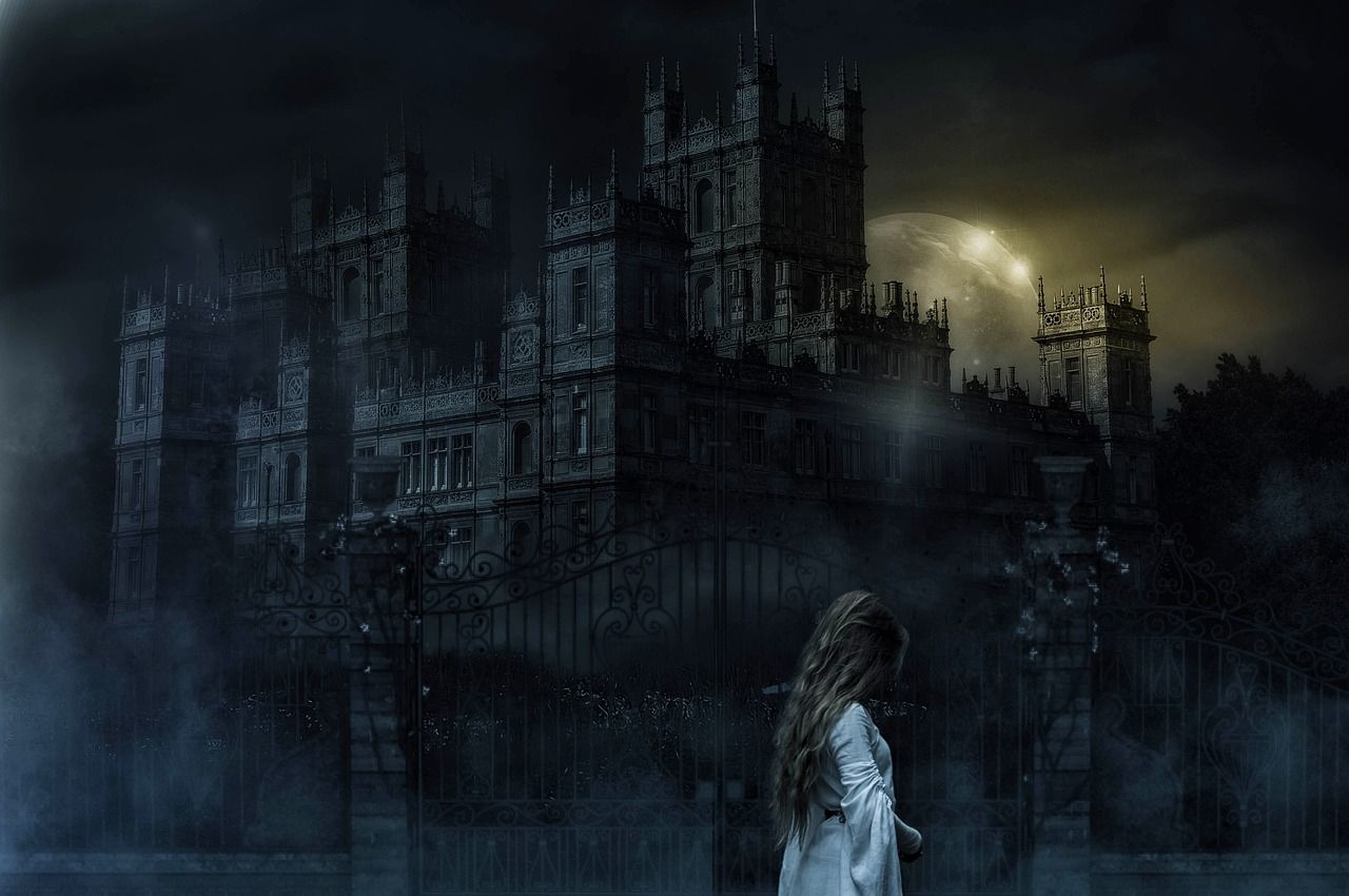 A ghostly figure outside a castle