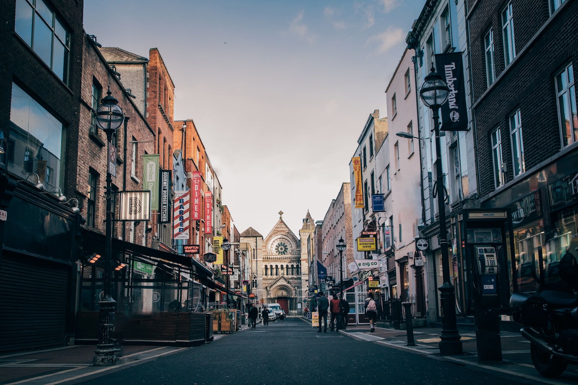 A street lined up with buildings in Dublin, Ireland