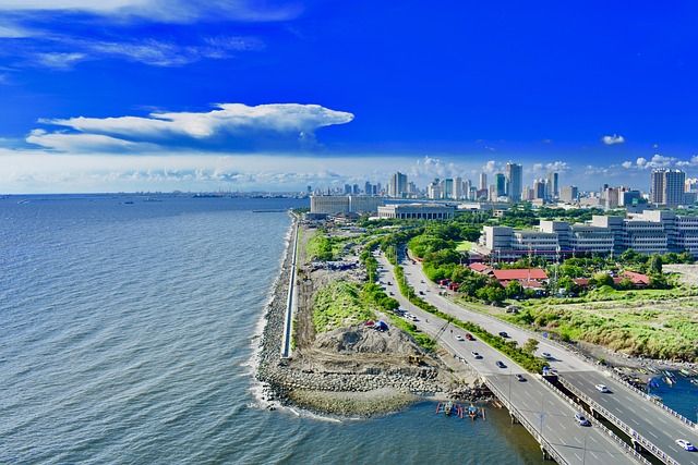 View of the Metro Manila Skyway System and high-rise buildings in Manila, Philippines