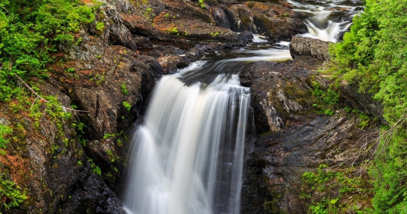 Up-close view of the beautiful Moxie Falls in West Forks, Maine