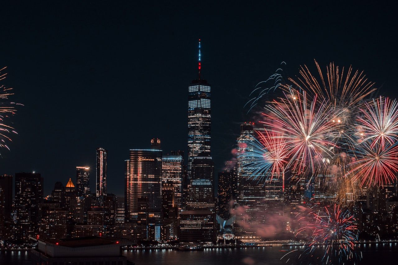 View of Fourth of July fireworks around New York City