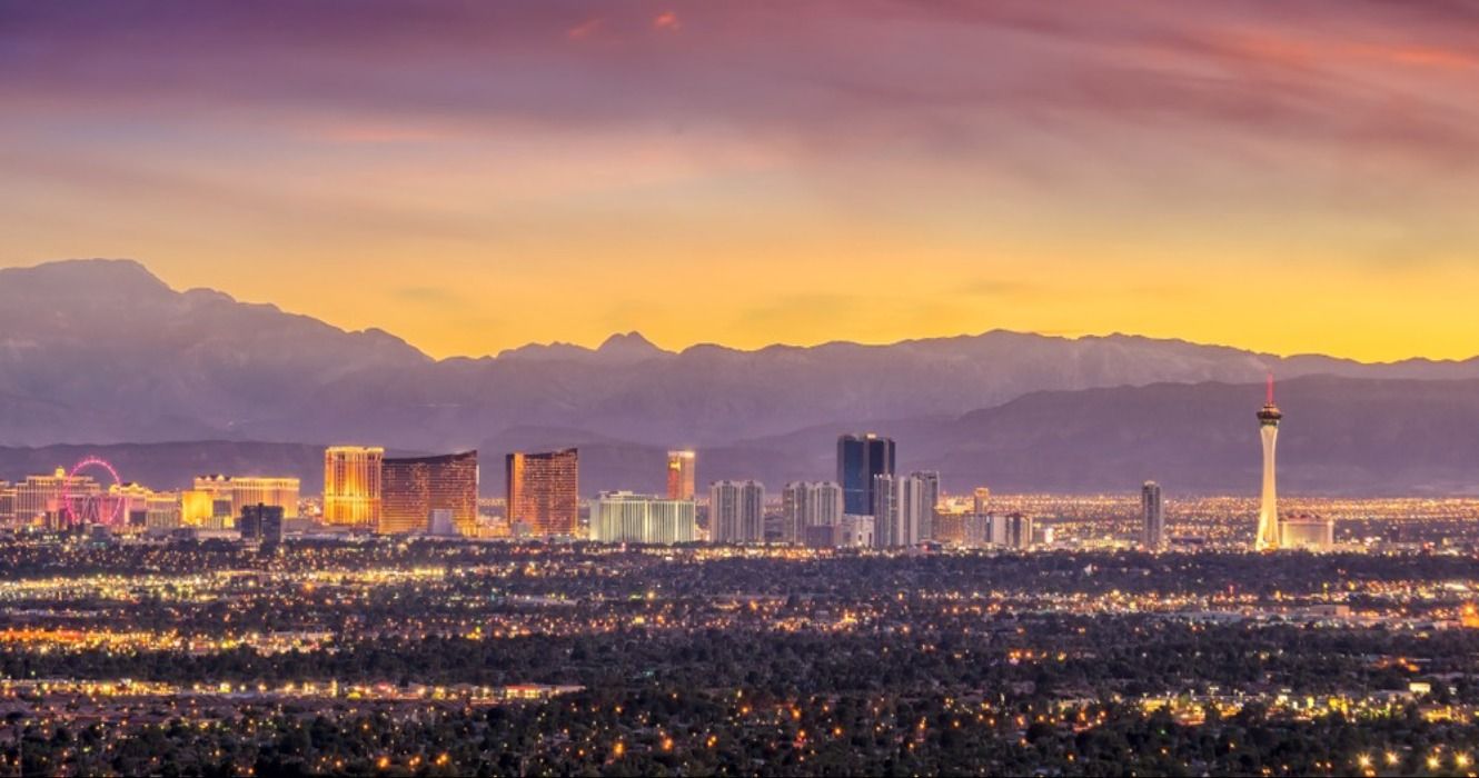 Panorama of Las Vegas cityscape at sunset in Nevada, United States of America