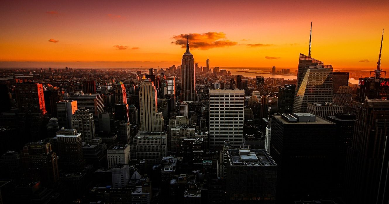 Sunset over Manhattan seen from the Rockefeller Center in Manhattan, New York City, New York, USA