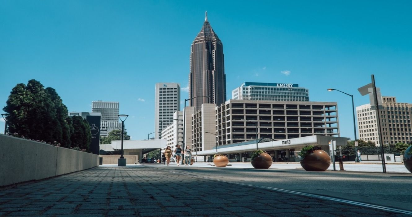 A street view of the Marta & Amtrak train station on Peachtree street in Atlanta, Georgia, USA
