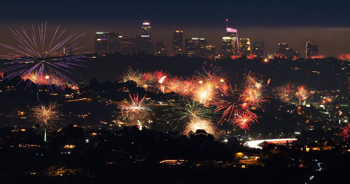 Fireworks in front of the Los Angeles skyline at night, California, USA