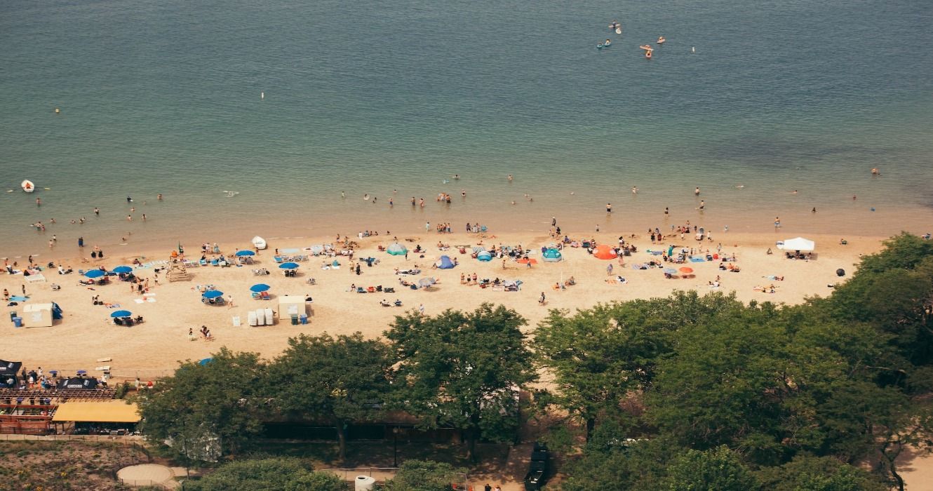 An aerial view of Oak Street Beach, Chicago, Illinois, United States