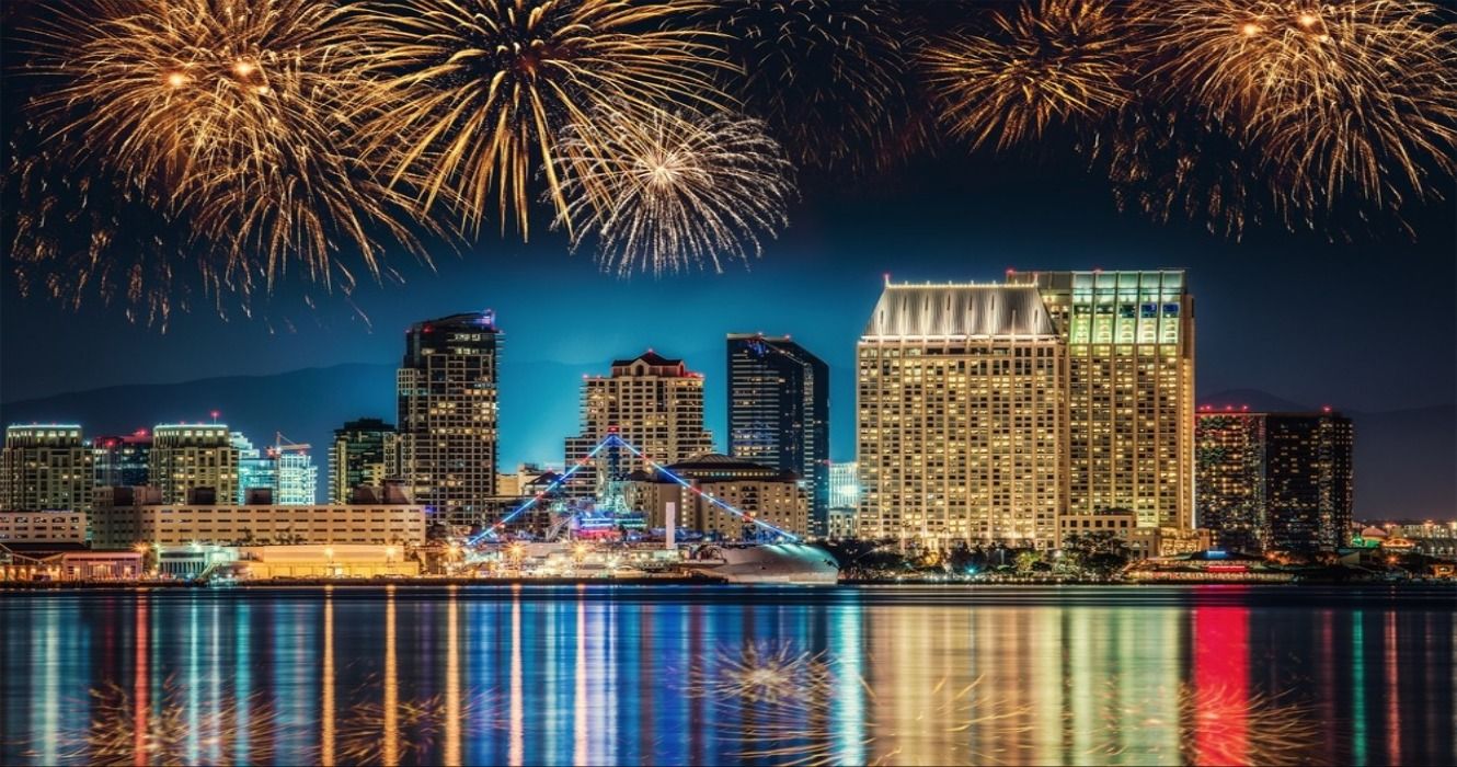Cityscape of San Diego, California, USA, with fireworks