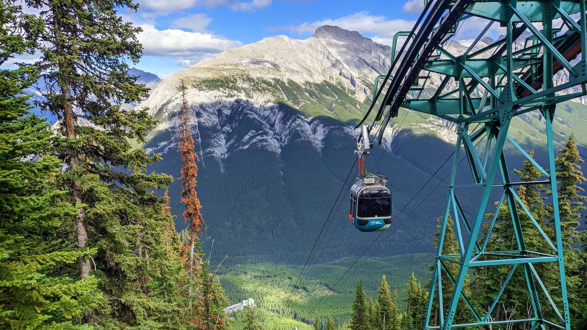 A gondola car going up the Banff Gondola in Banff National Park, Canada