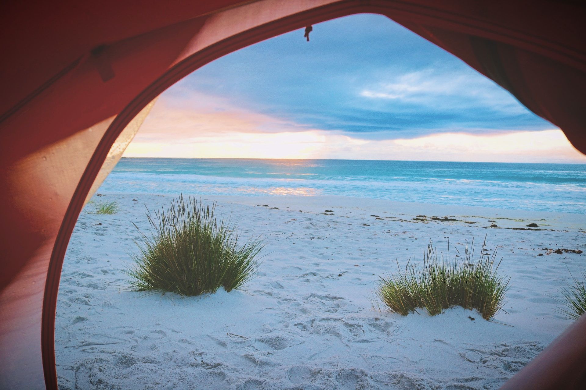 View from a tent set up on the beach