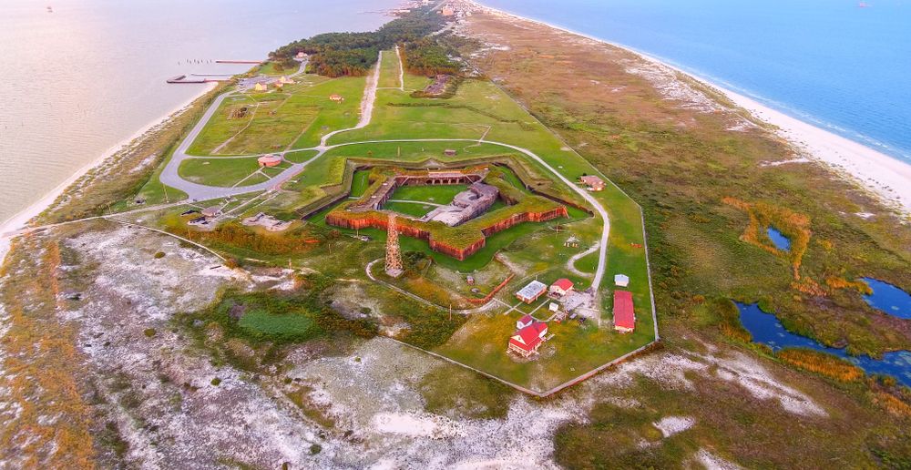 Aerial view of Fort Morgan Historical Site and Fort Morgan Beach, Alabama, USA