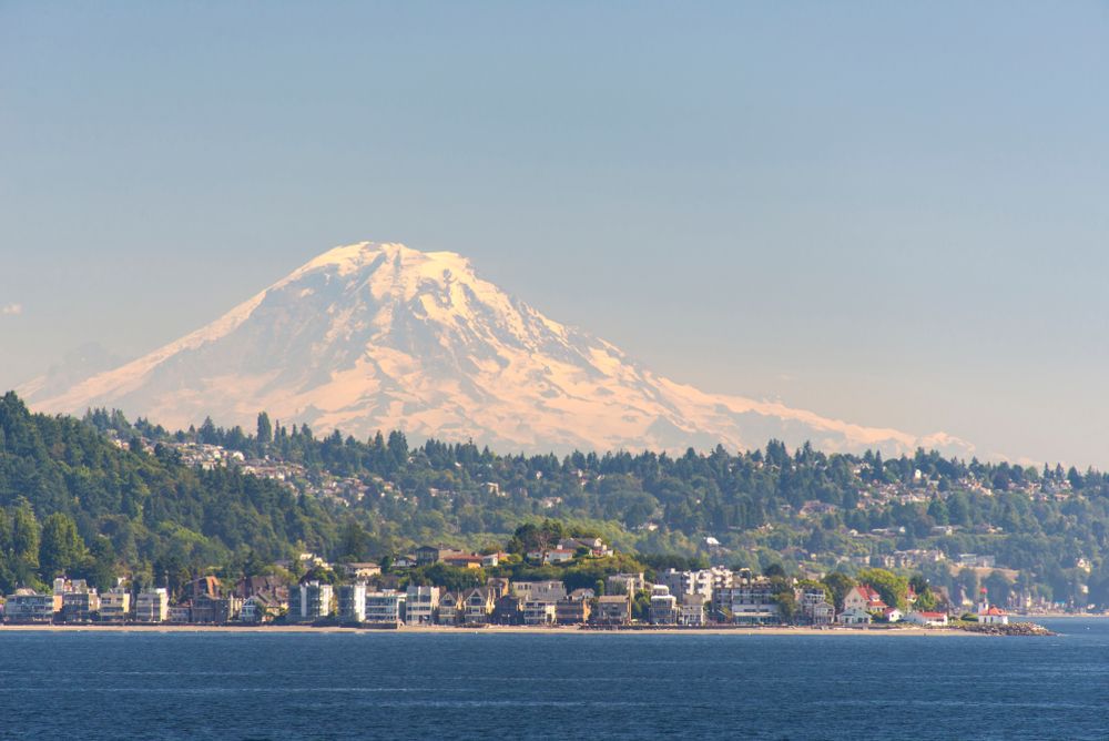 View of Mount Rainier beyond West Seattle and Alki Beach, Seattle, Washington, USA