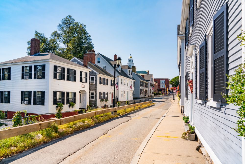 Historic homes along Leyden Street in Plymouth, Massachusetts