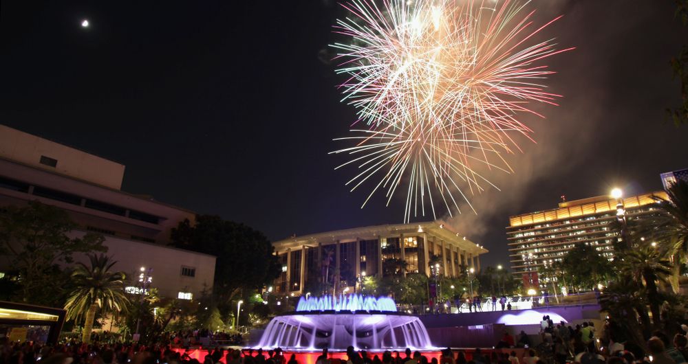 4th of July Fireworks in LA above the Dorothy Chandler Pavilion in Grand Park, Downtown Los Angeles, California, USA
