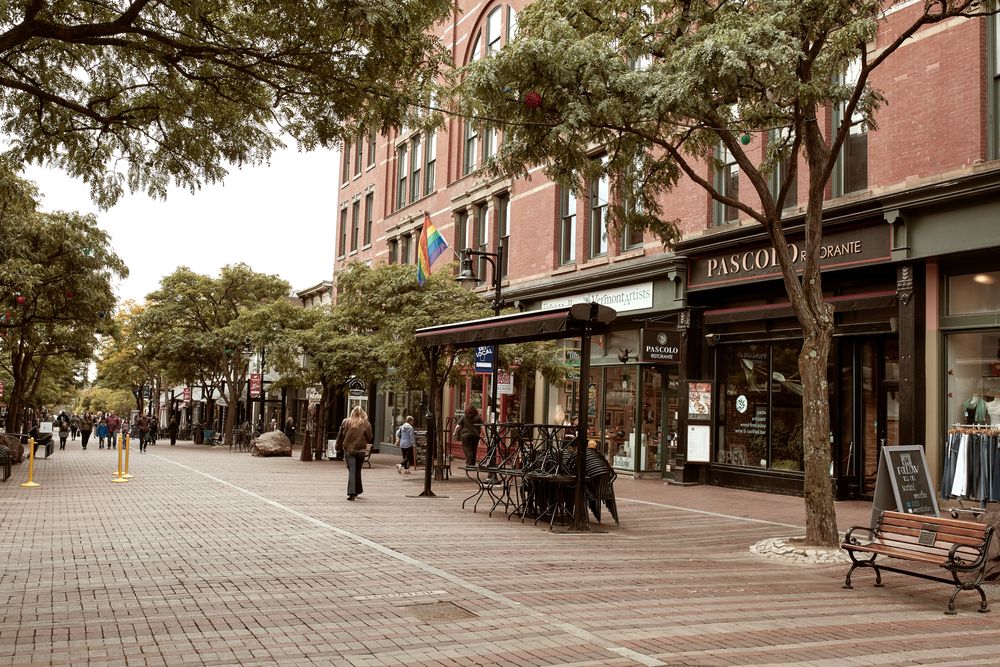 Stores and restaurants along Church Street Marketplace in Burlington, Vermont, USA