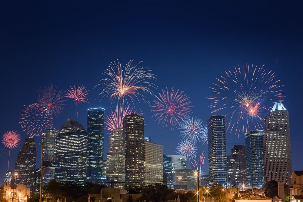 Houston skyline with fireworks