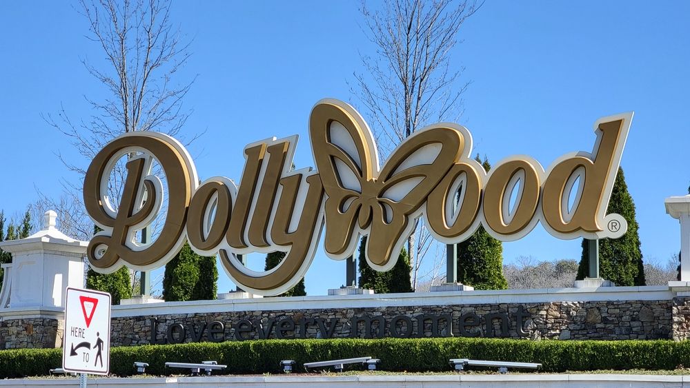 The entrance to Dollywood amusement park in the Smoky Mountains, the famous park owned by Dolly Parton