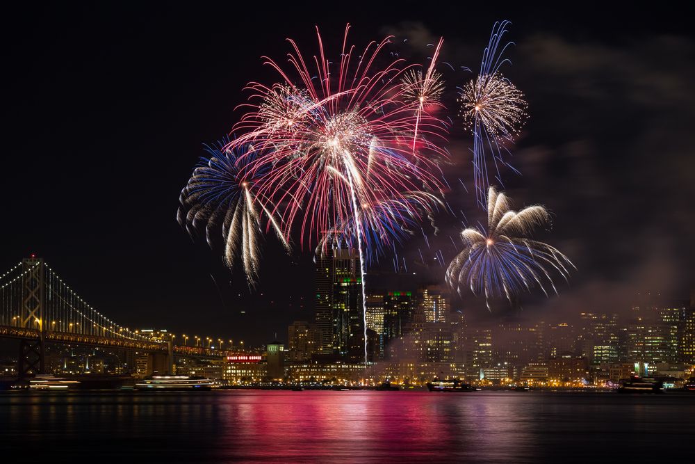 Fireworks at San Francisco Bay Bridge, California, USA