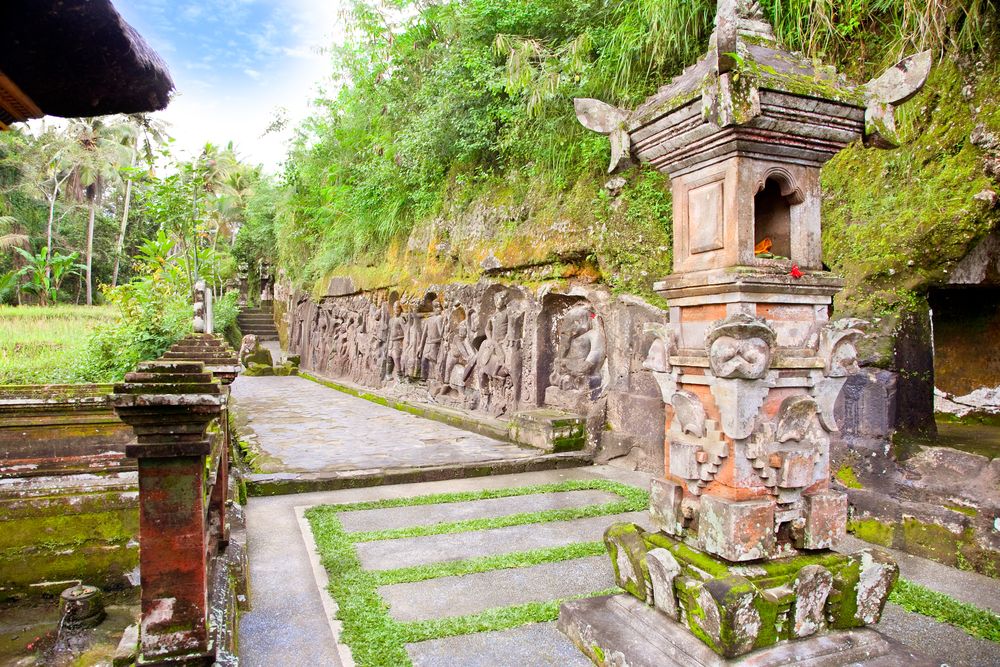 Famous carved cliff face of Yeh Pulu, Ubud, Bali, Indonesia