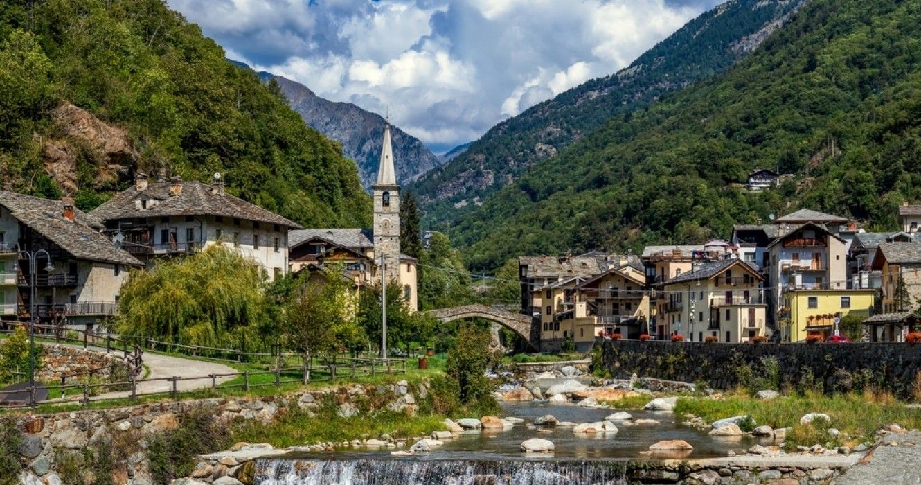 Small town of Fontainemrore and mountains in Aosta Valley, Italy