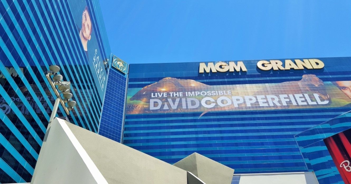 Street view of the MGM Grand Hotel and Casino, featuring a headline for David Copperfield