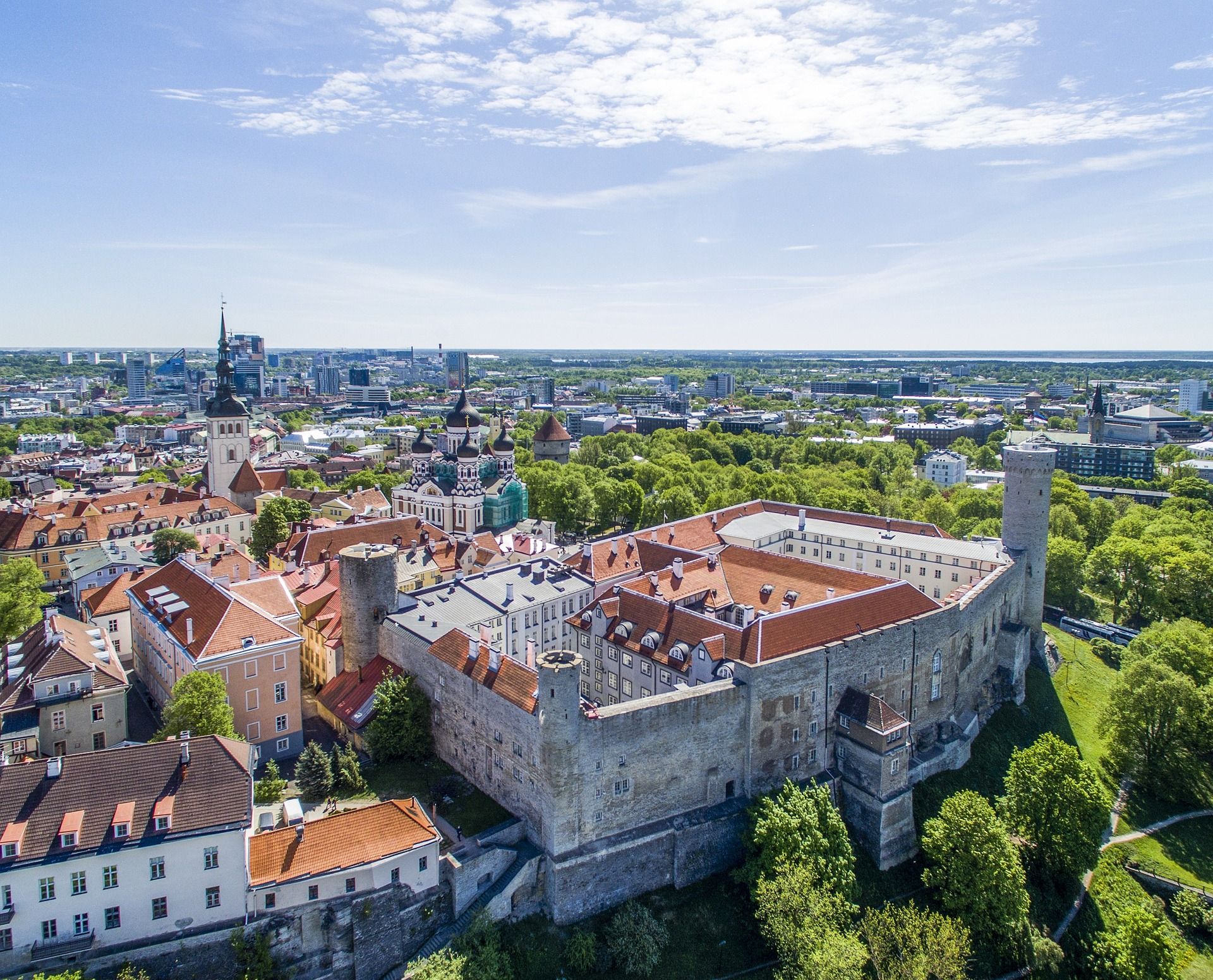 An aerial view of Tallinn Estonia under a bright sky