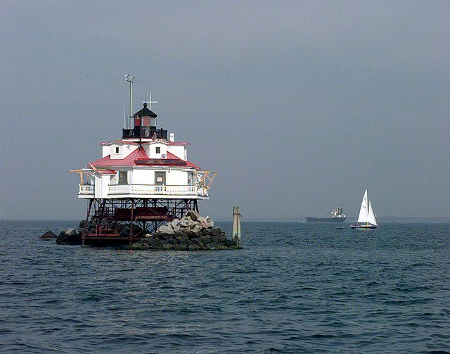 The Thomas Point Shoal Lighthouse in Chesapeake Bay, Maryland, USA.