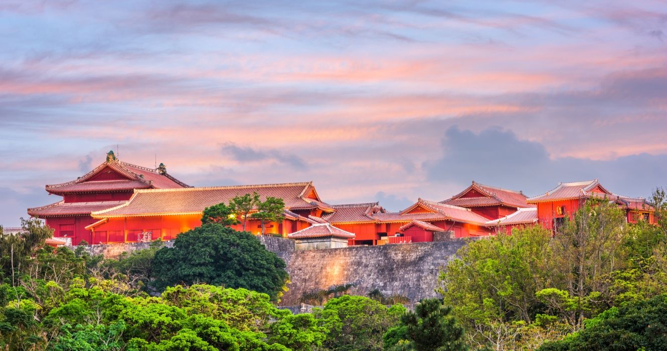 View of Shuri Castle in Okinawa Japan at sunset
