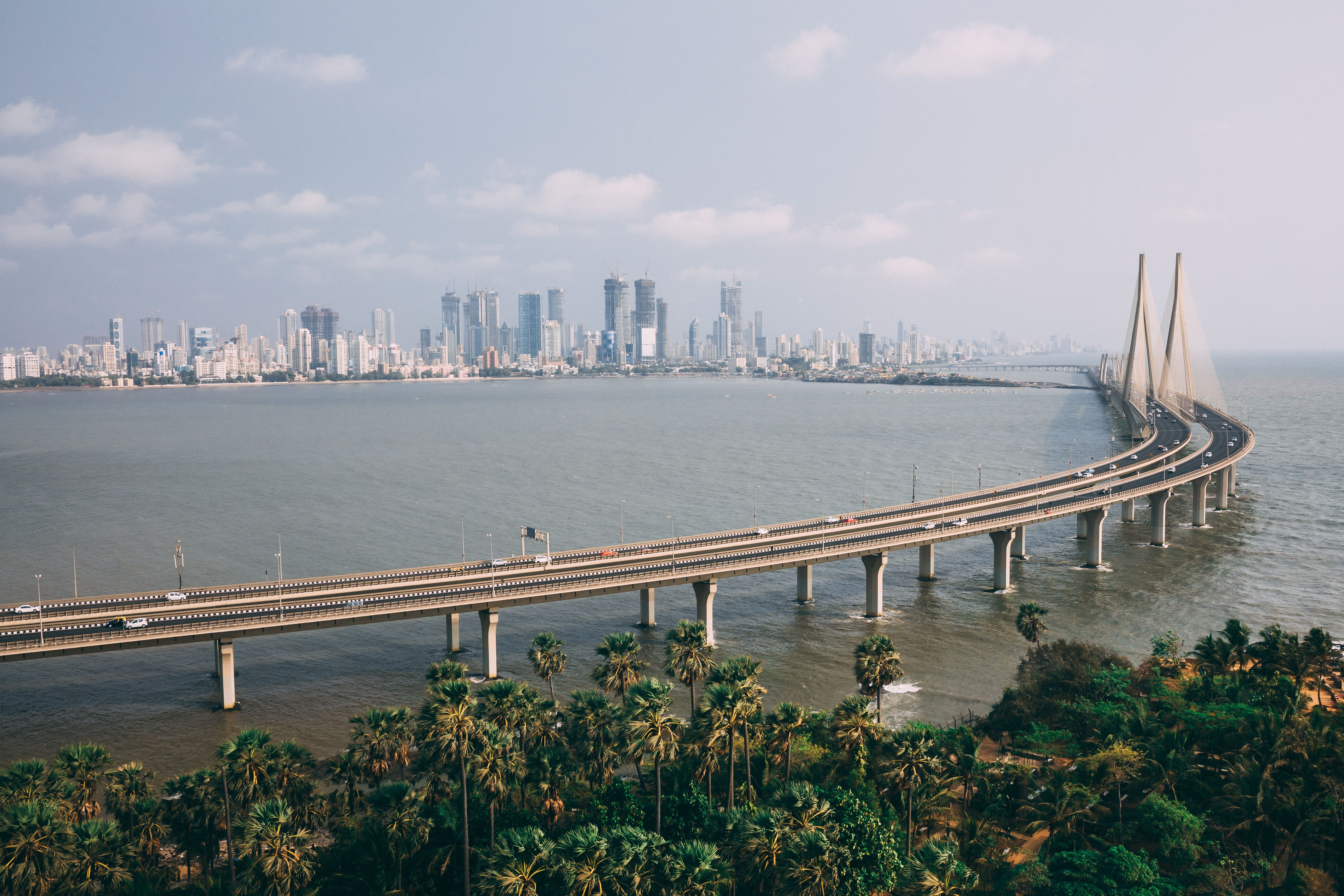 Mumbai's city skyline over the sea. 