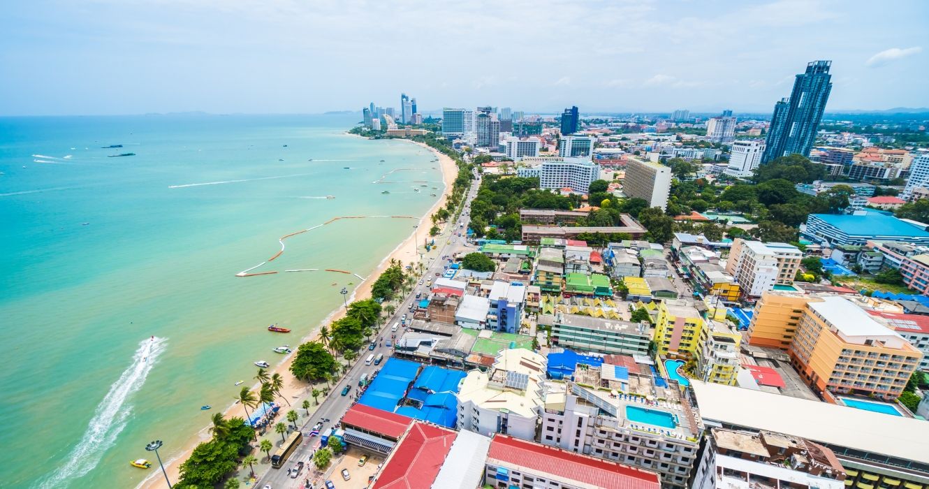 Aerial view of coastline and Pattaya City Thailand