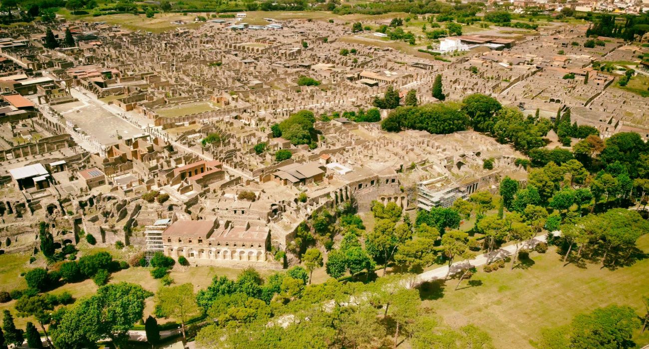 Aerial view of Pompeii from a drone