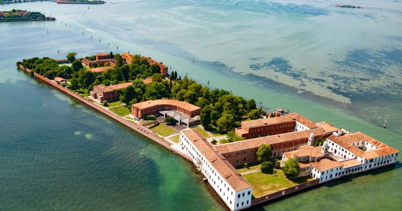 Aerial view of the island of San Servolo, located in the Venice lagoon