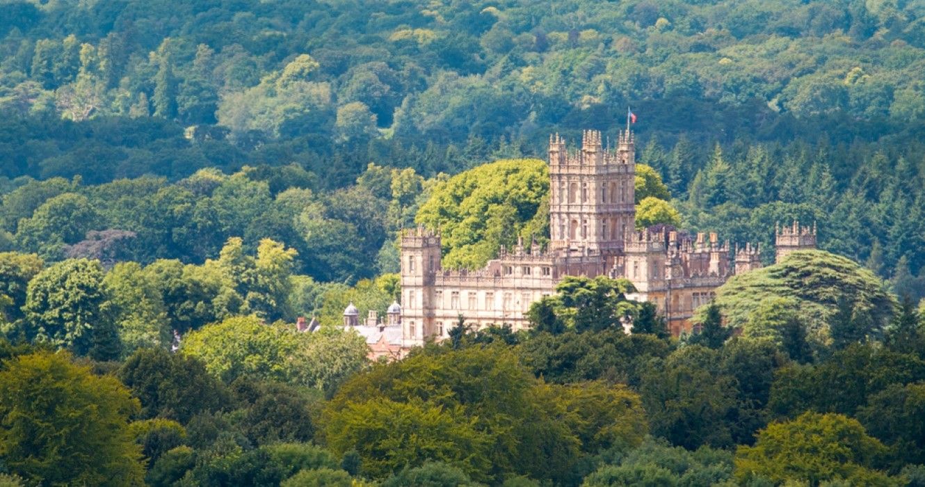 An elevated view of Highclere Castle taken from Beacon Hill in Hampshire, England