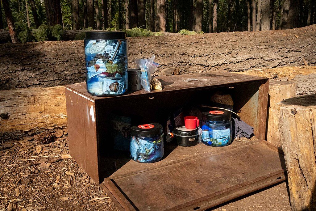 Open metal food storage container in Yosemite National Park with portable containers manufactured by BearVault on top and inside the container