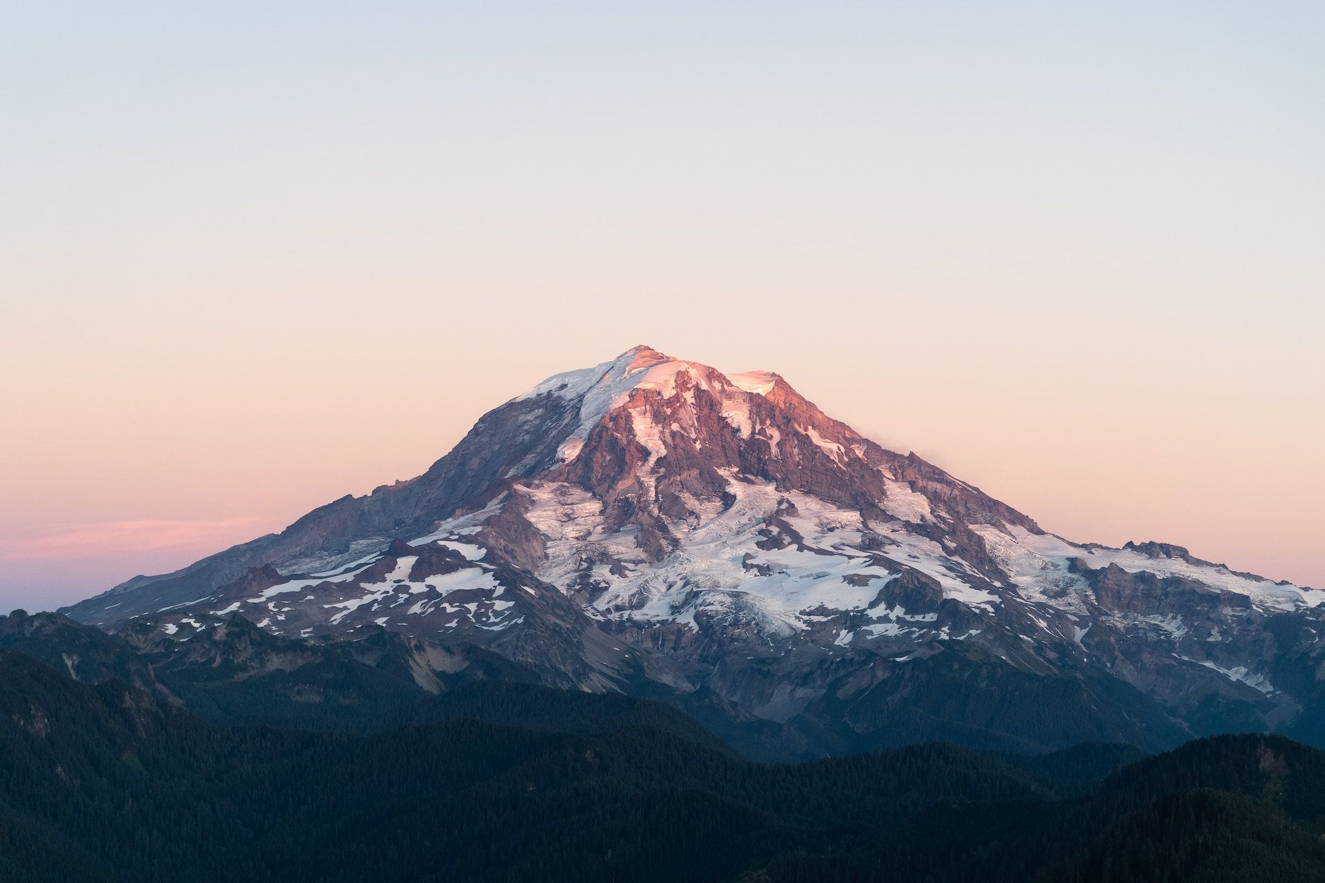 A distant view of Mount Rainier peak